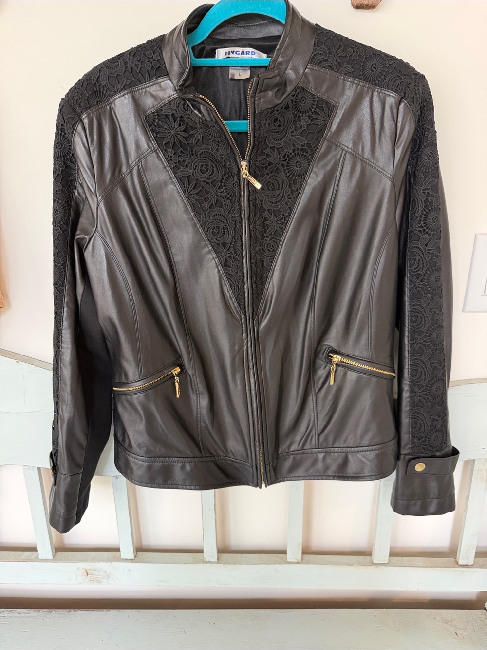 Peter Nygard Black Faux Leather Jacket with Lace Insets